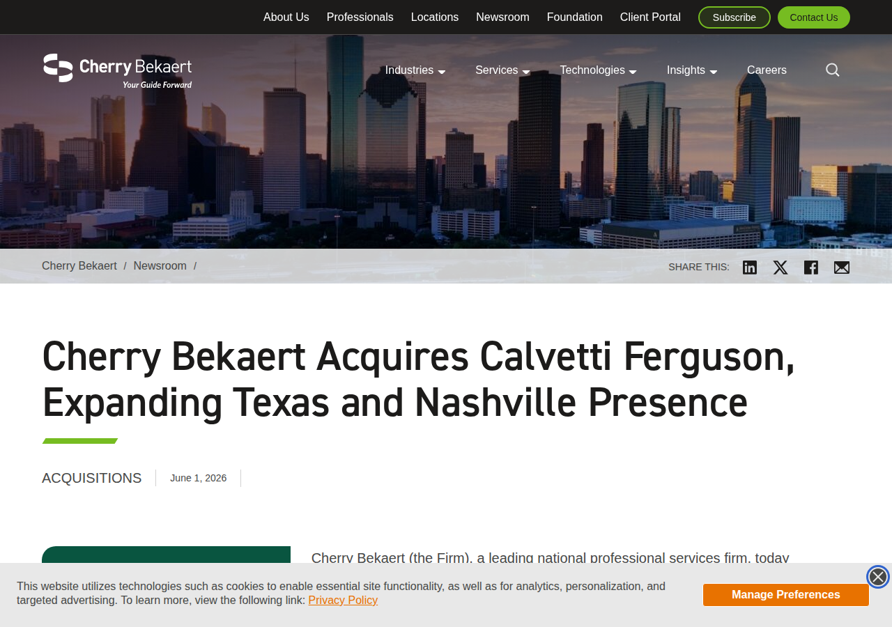 Screenshot of Cherry Bekaert Acquires Calvetti Ferguson | Cherry Bekaert