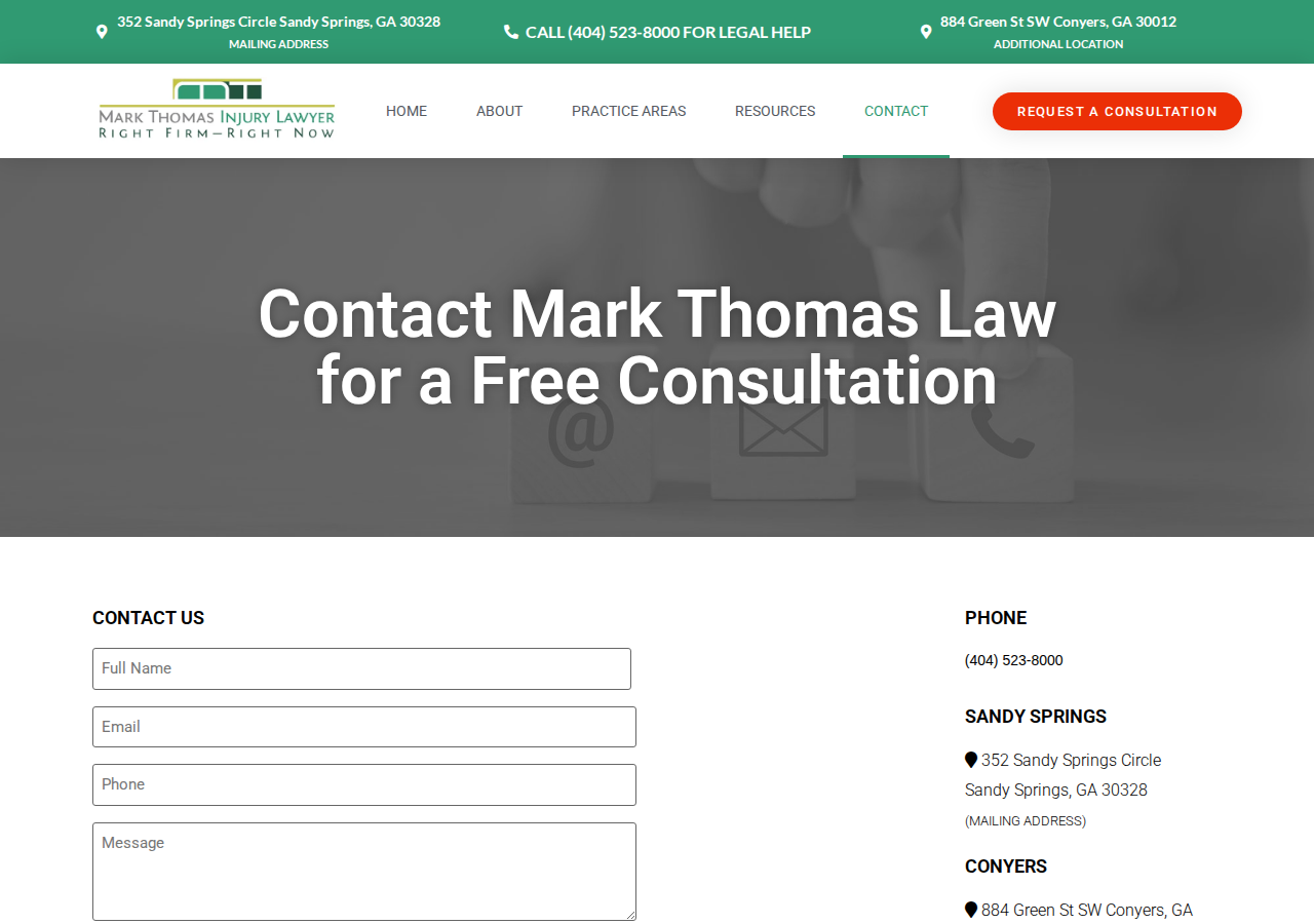 Screenshot of Contact Mark Thomas Law | Free Injury Consultation in Atlanta, GA