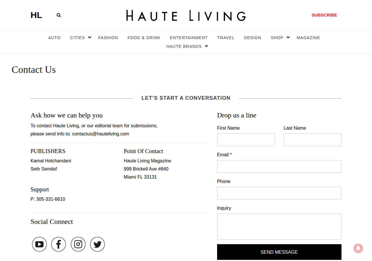 Screenshot of Contact Haute Living | Haute Living Contact Us Page