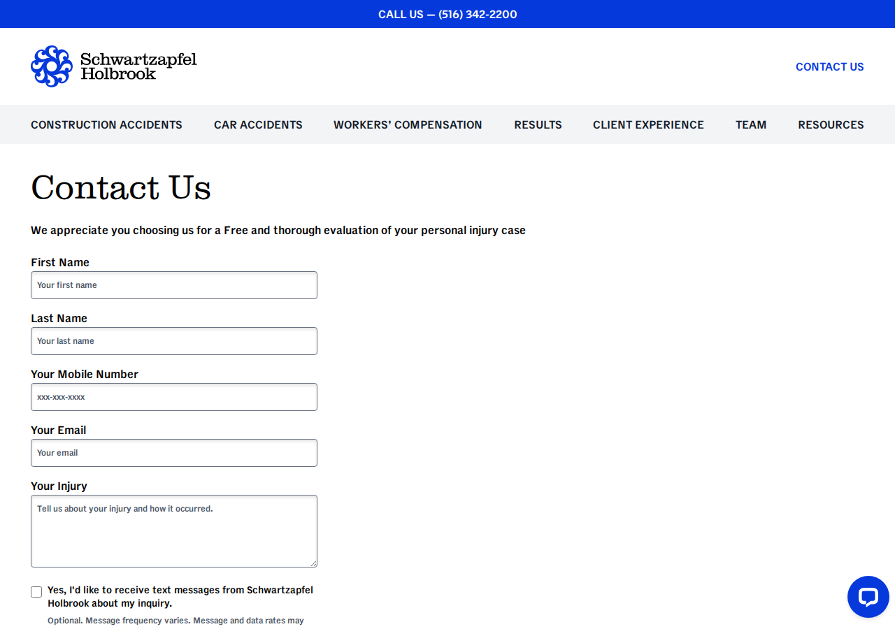 Screenshot of Contact NY Injury Lawyers | Free Case Review | Schwartzapfel Holbrook