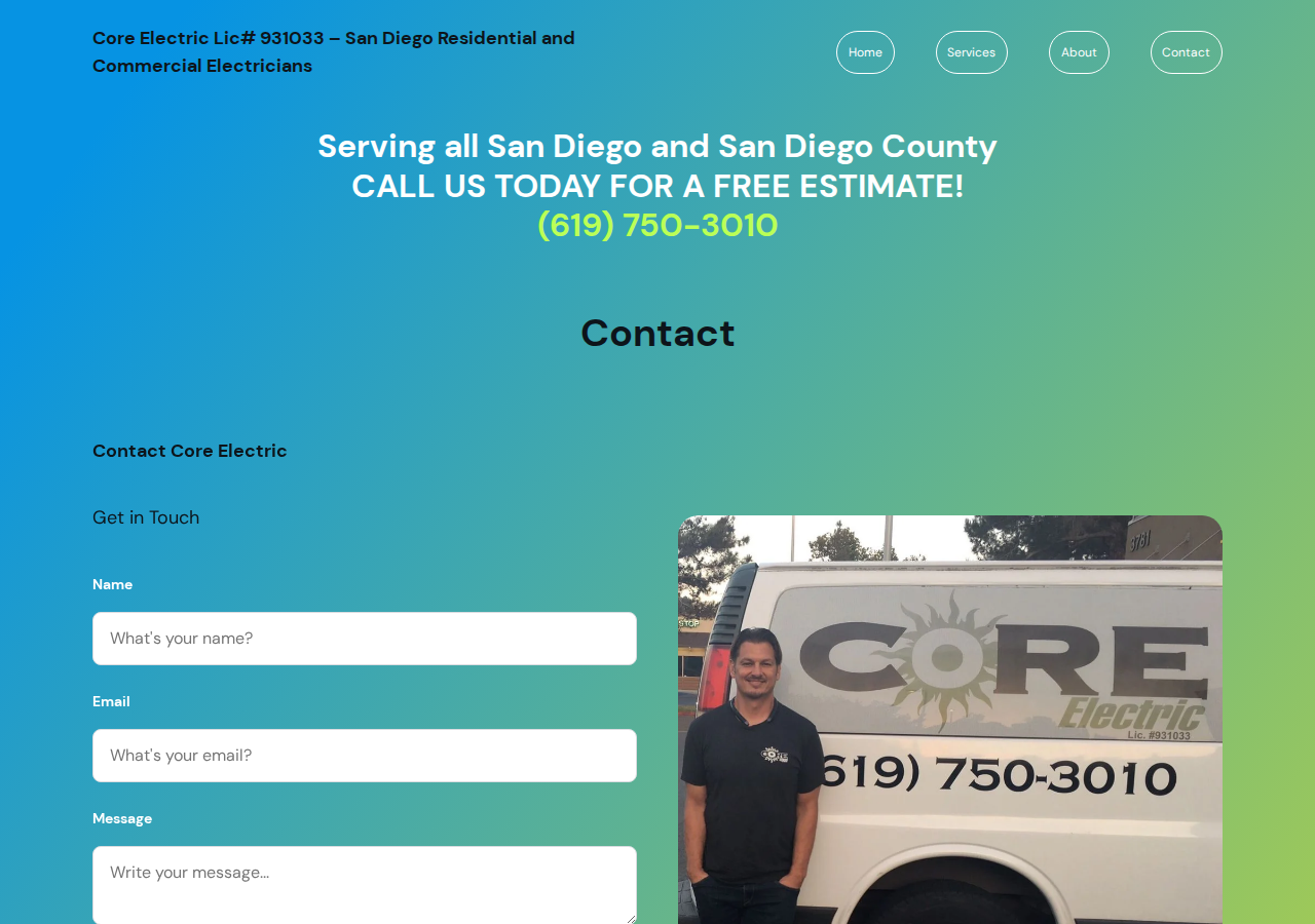 Screenshot of Contact - Core Electric Lic# 931033 - San Diego Residential and Commercial Electricians