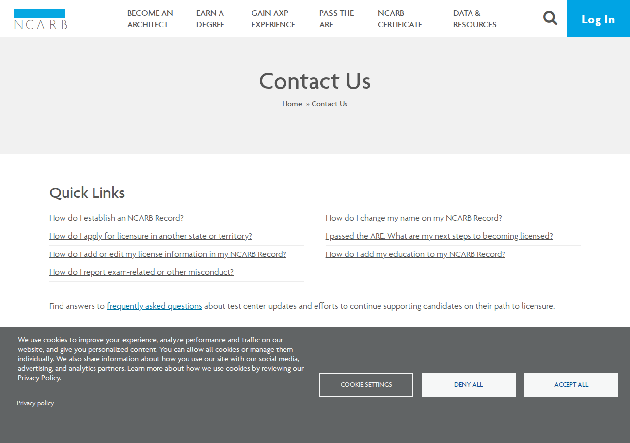 Screenshot of Contact Us | NCARB - National Council of Architectural Registration Boards