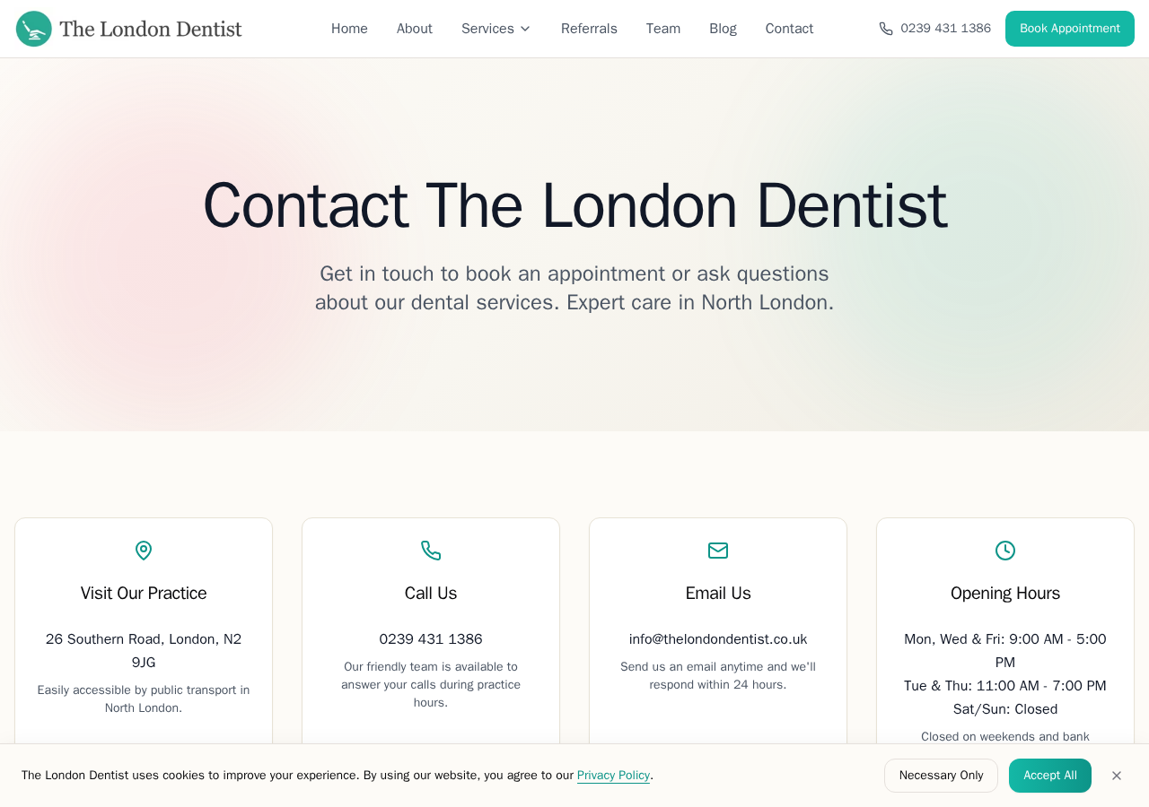 Screenshot of Contact Us | Book an Appointment | The London Dentist | The London Dentist