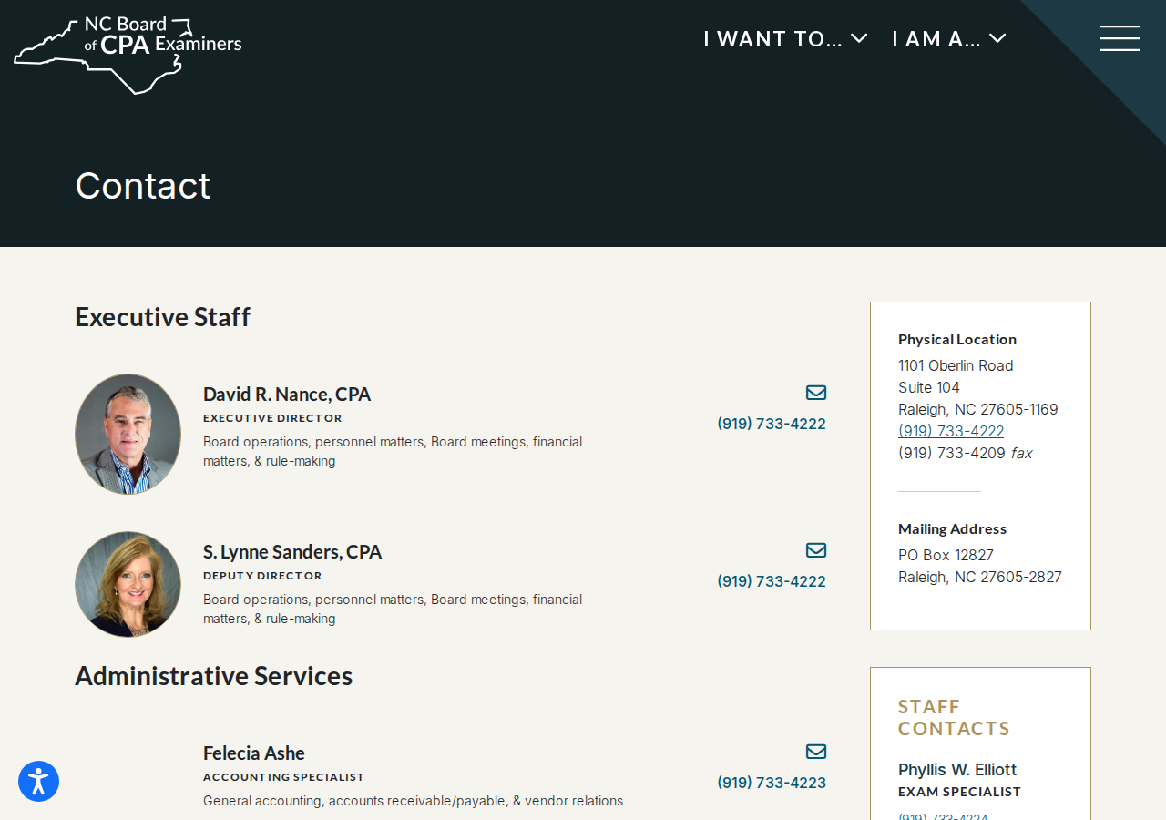 Screenshot of Contact – North Carolina State Board of Certified Public Accountant Examiners