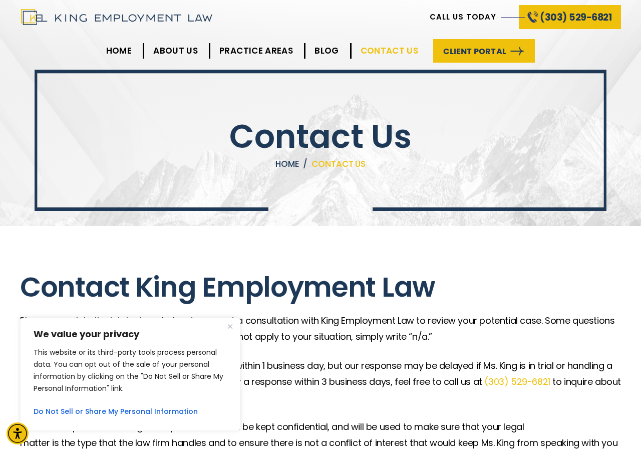 Screenshot of Contact Us - King Employment Law
