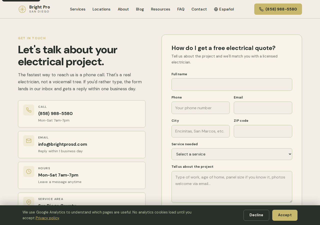 Screenshot of Contact a San Diego Electrician | Bright Pro Electric