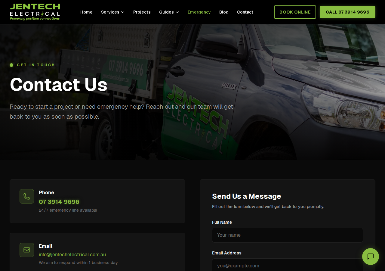Screenshot of Contact Jentech Electrical — Brisbane Electrician | Jentech Electrical