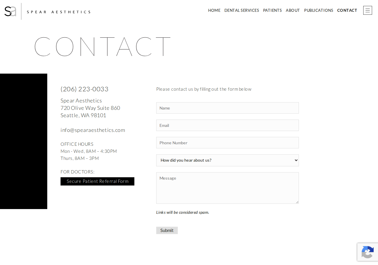 Screenshot of Contact Us | Spear Aesthetics | Dentist Seattle WA | Specialists in Comprehensive Restorative and Esthetic Dentistry