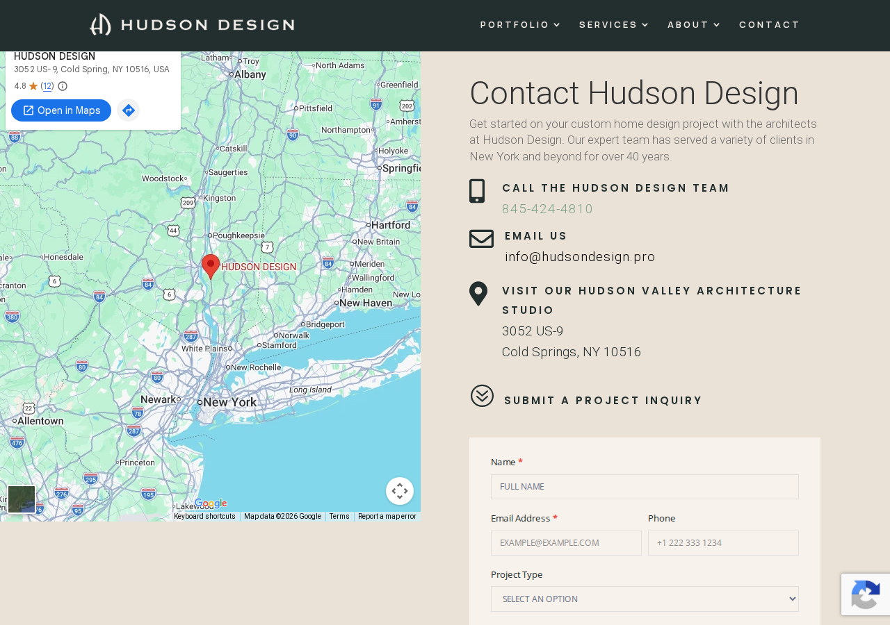 Screenshot of Contact HUDSON DESIGN | Hudson Valley Architecture Firm