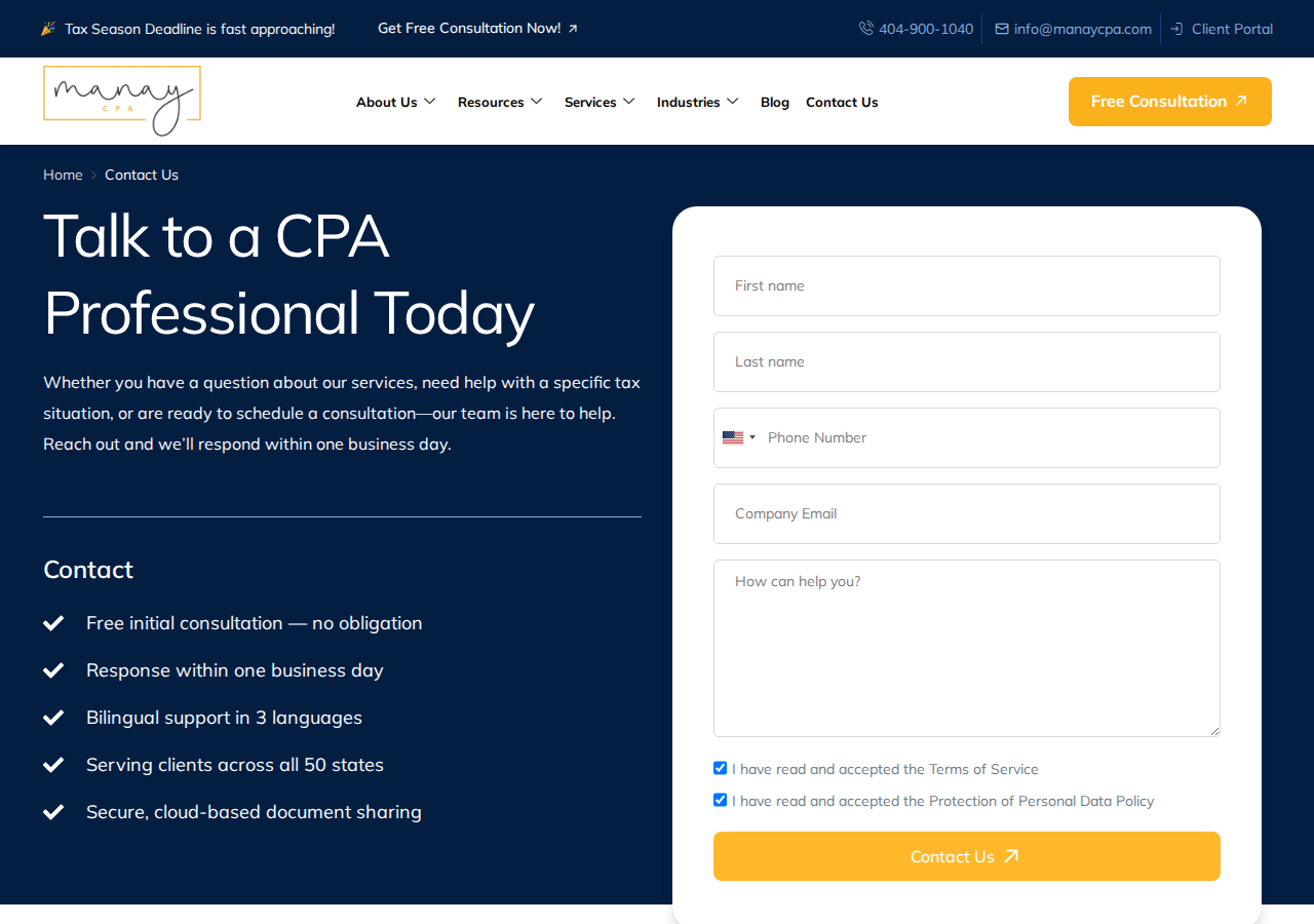 Screenshot of Contact Us | Manay CPA