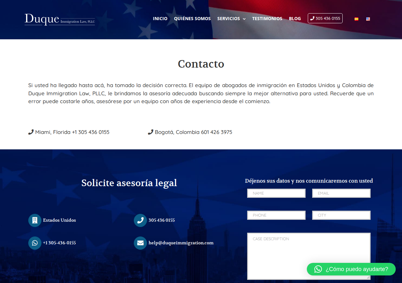 Screenshot of Contacto – Duque Immigration Law | Miami Immigration Attorney