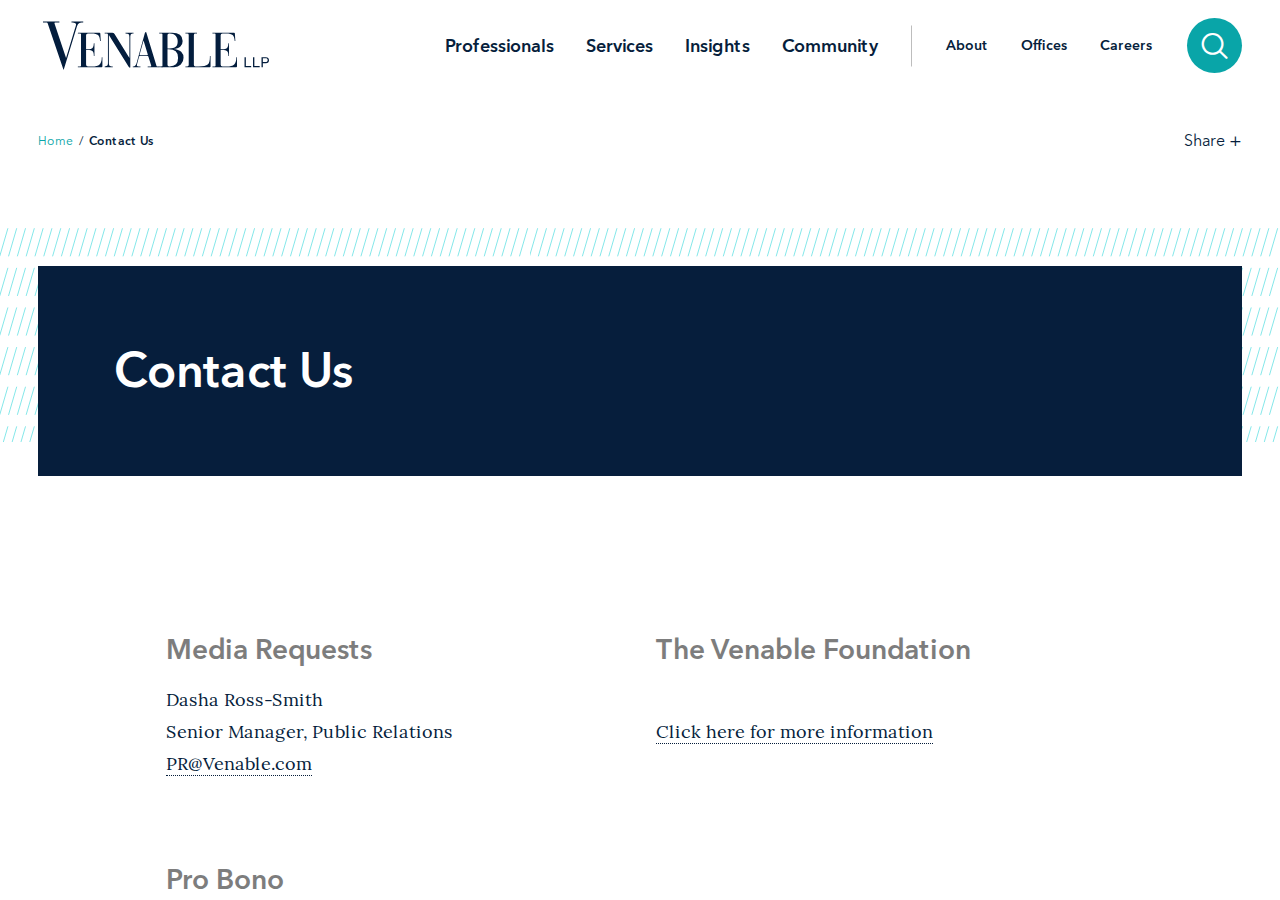 Screenshot of Contact Us | Venable LLP