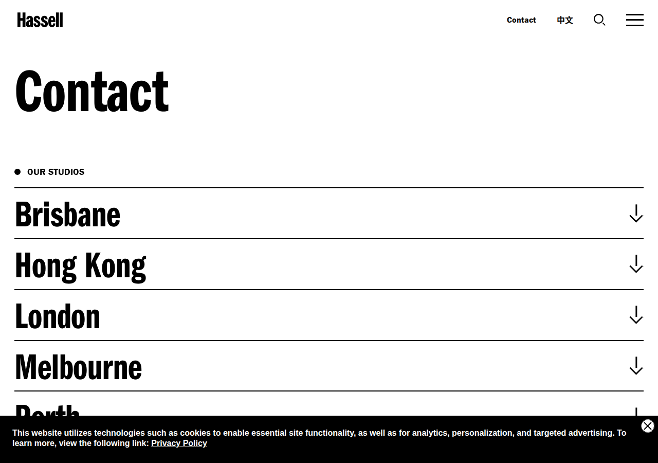 Screenshot of Hassell | Contact us. Get in touch. Architects, urban designers, landscape architects, interior designers. Research, strategy, experience design + more.