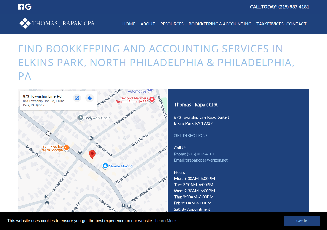 Screenshot of Contact Us in Elkins Park, North Philadelphia & Philadelphia, PA | Thomas J Rapak CPA