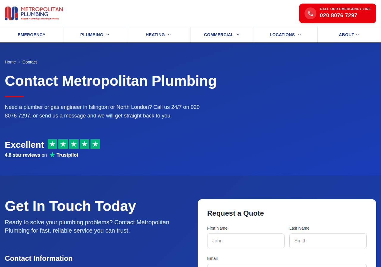 Screenshot of Contact Us | Plumber in Islington | Metropolitan Plumbing