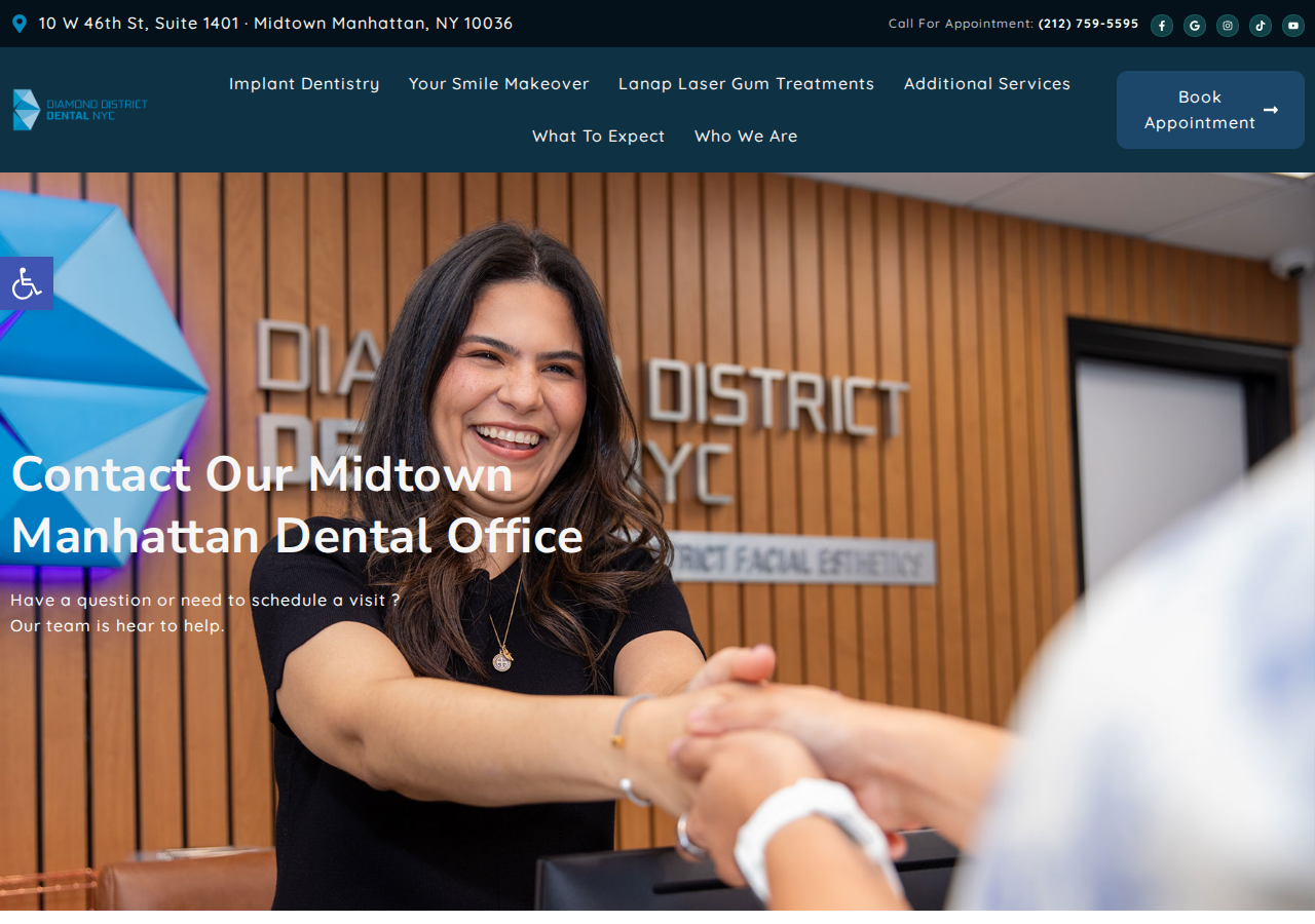 Screenshot of Contact Us - Diamond District Dental NYC - Midtown DentistAccessibility ToolsIncrease TextDecrease TextGrayscaleHigh ContrastNegative ContrastLight BackgroundLinks UnderlineReadable FontReset