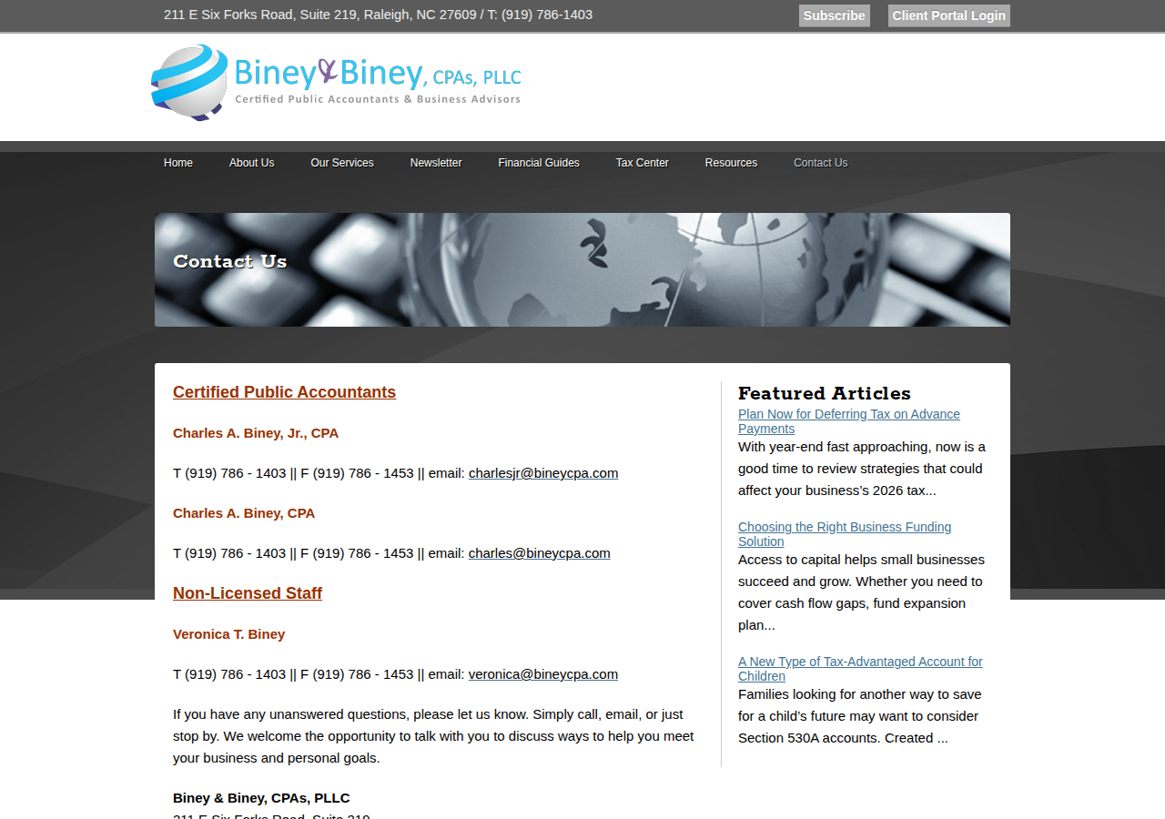 Screenshot of Raleigh, NC Accounting Firm | Contact Us Page | Biney & Biney, CPAs, PLLC