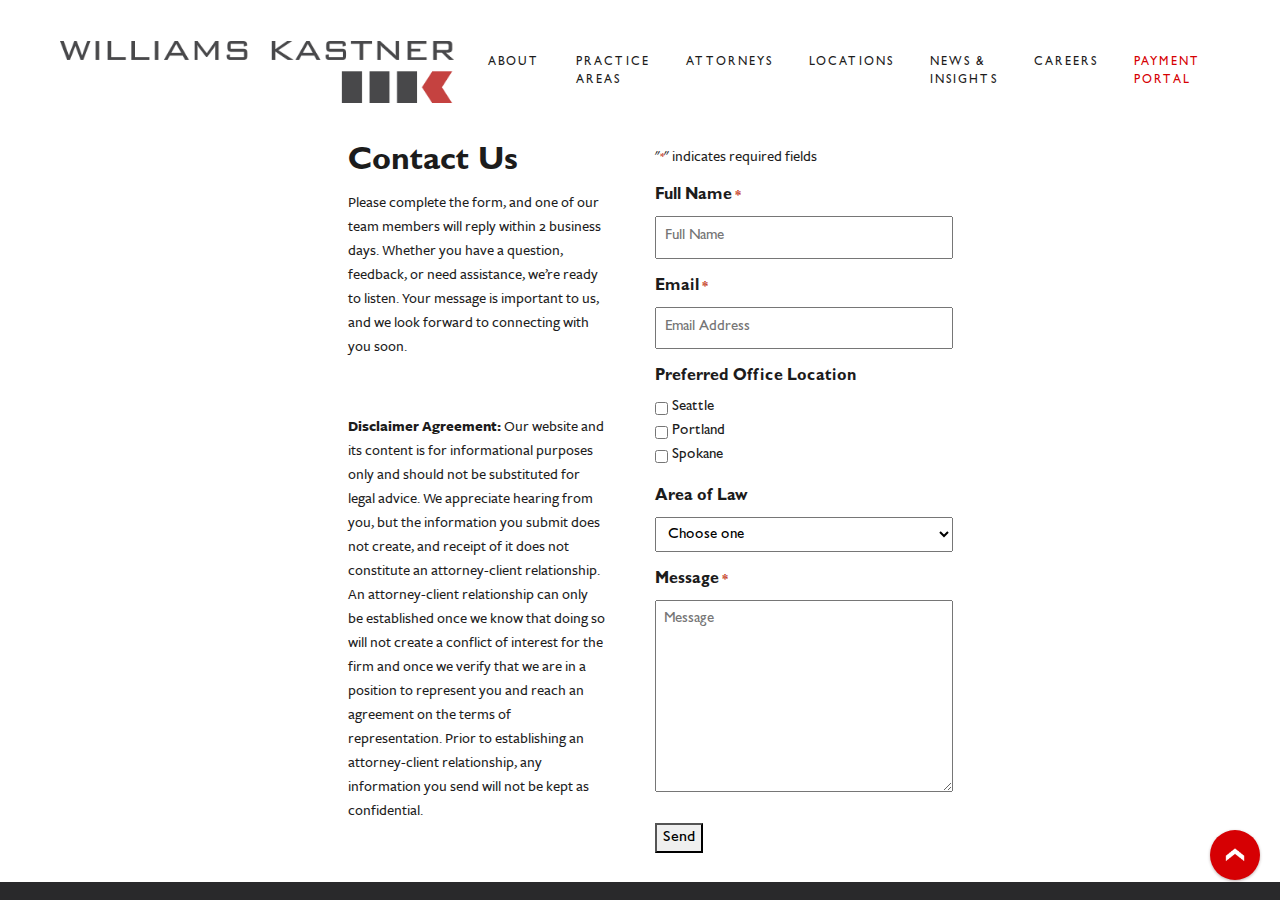 Screenshot of Contact | Williams Kastner
