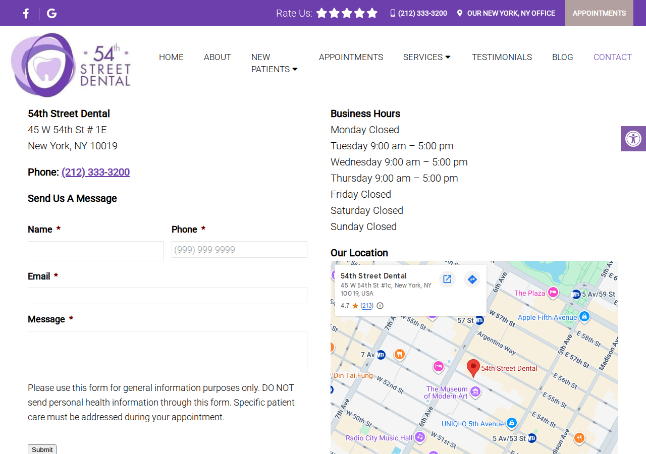 Screenshot of Dentist Near Me - Contact Us | 54th Street DentalAccessibility ToolsIncrease TextDecrease TextGrayscaleLinks UnderlineReadable Font