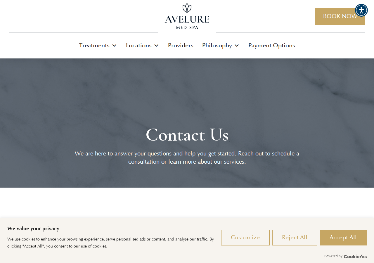 Screenshot of Contact Us - Avelure Med Spa
