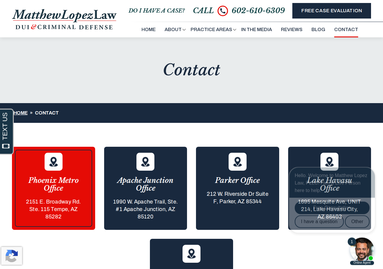Screenshot of Contact - Arizona Criminal Defense | Matthew Lopez Law, PLLC