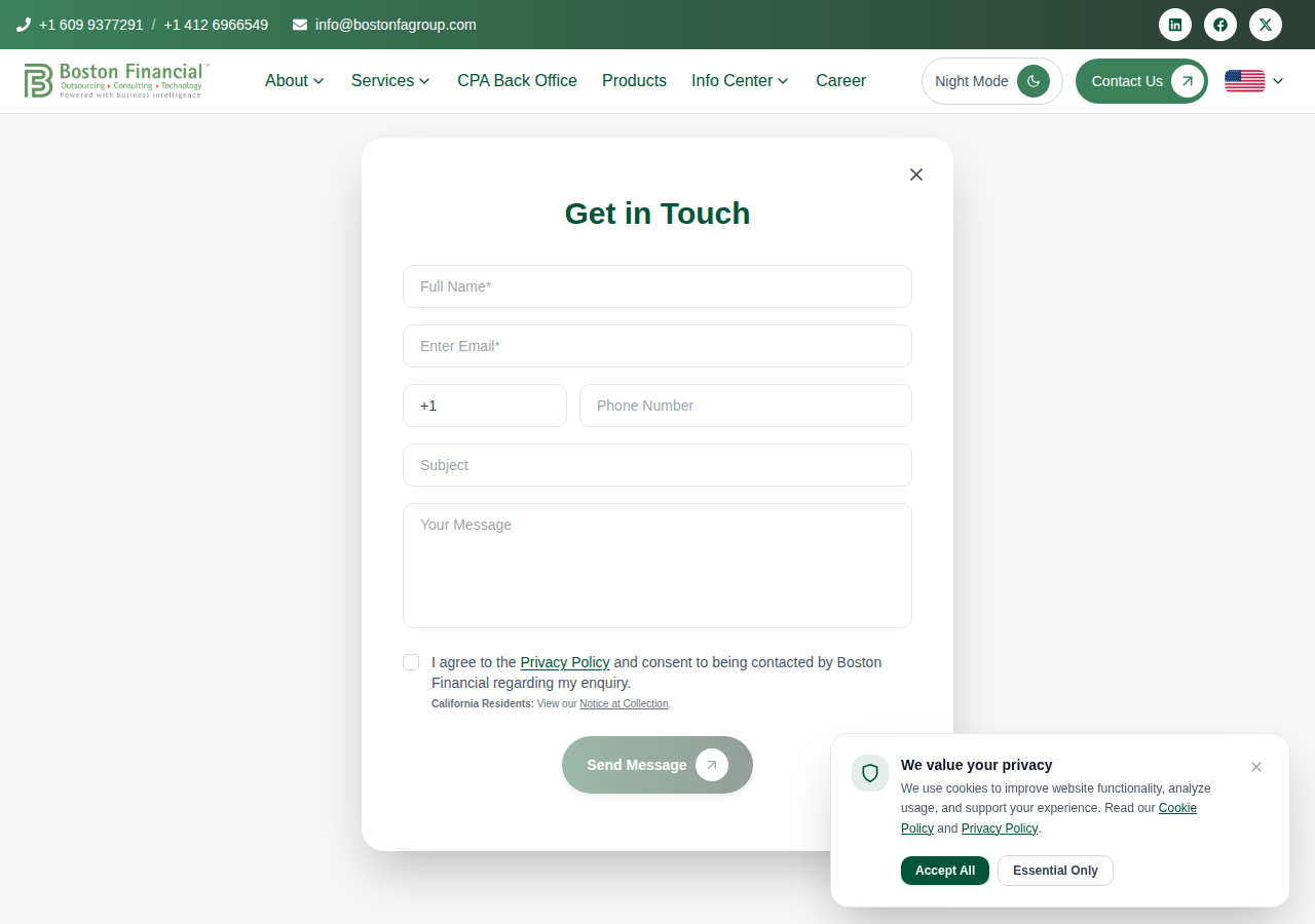 Screenshot of Contact Us | Boston Financial | Boston Financial