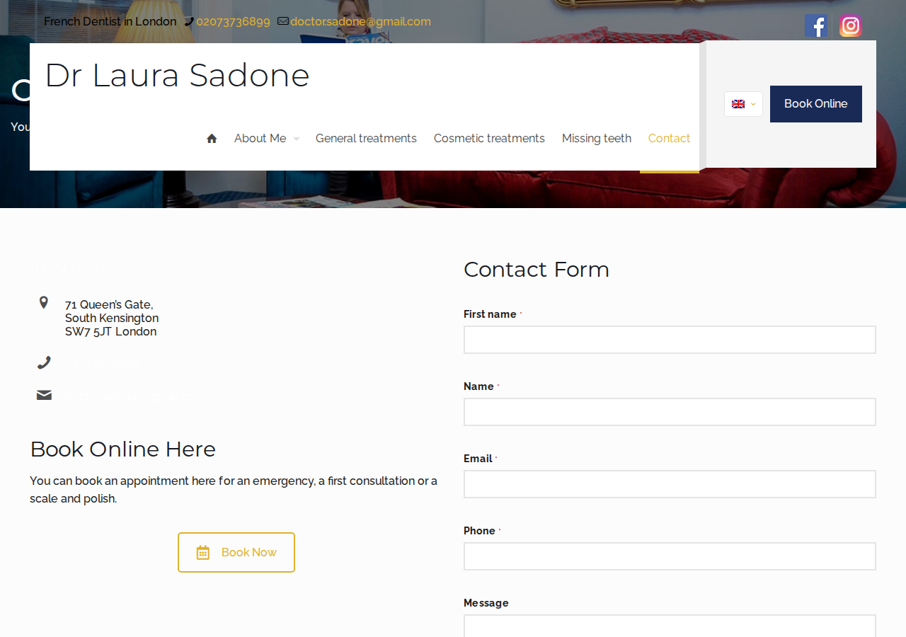 Screenshot of Contact Dr Sadone from Queens Gate Dental Practice London