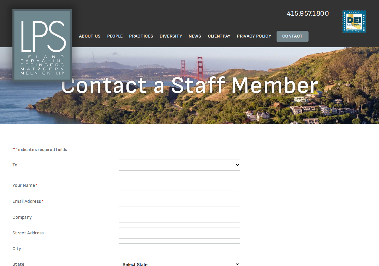 Screenshot of Contact a Staff Member at the Law Firm of Leland, Parachini, Steinberg, Matzger & Melnick LLP in San Francisco